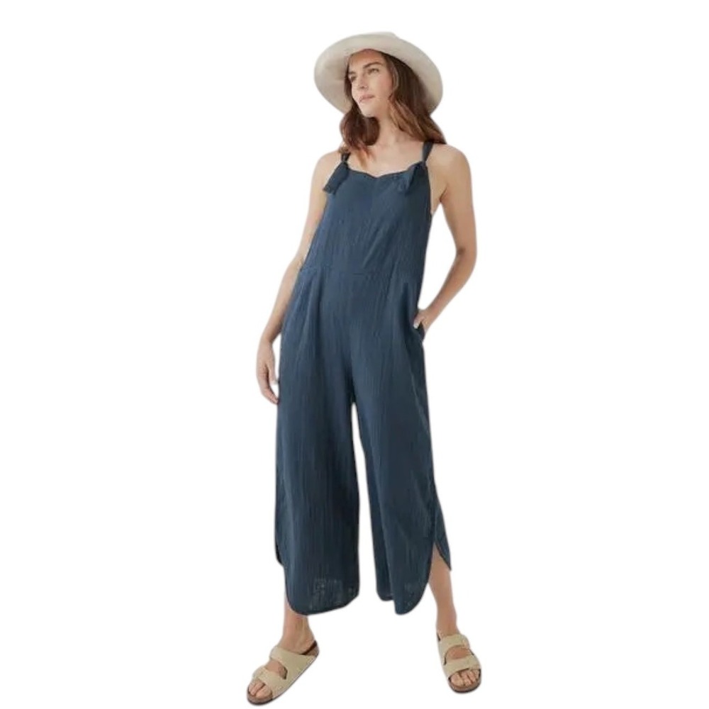 Pact Coastal Double Gauze Jumpsuit Women Medium Blue Organic Cotton Tie Strap